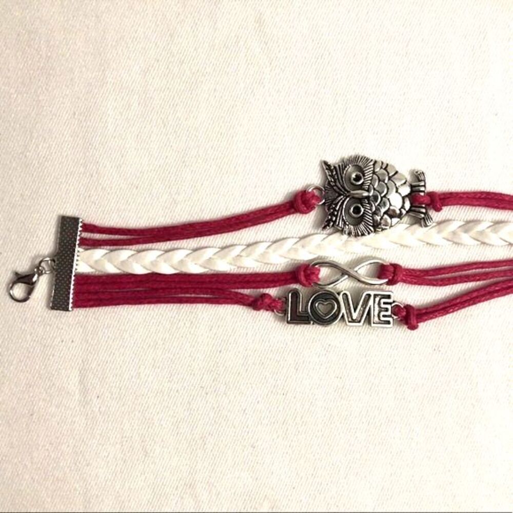 Owl Love Braided PU Leather Wrap Charm Bracelet Pink White